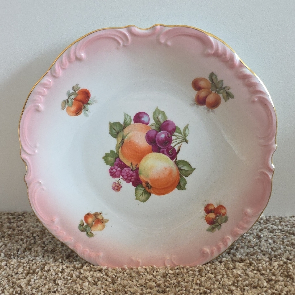 Vintage Porcelain Pink and Gold Decorative Plate with Fruit Design - Germany